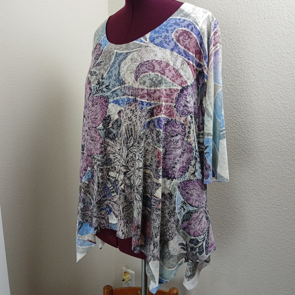Nally & Millie Paisley Floral Handkerchief Tunic Shirt M tan purple blue lightwt